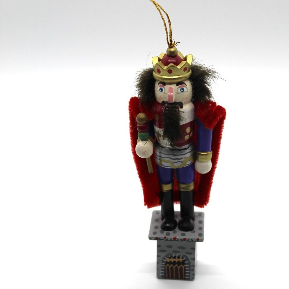 4" Wood Figure Nutcracker King Wearing Crown & Velvet Cape Christmas Ornament
